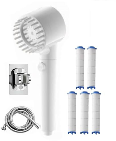 Filter Shower Head, Shower Head and Hose Set 1.5M, High Pressure Shower Heads with Pause Switch, 4 Spray Jet Modes, for Adults Children Pets (White)