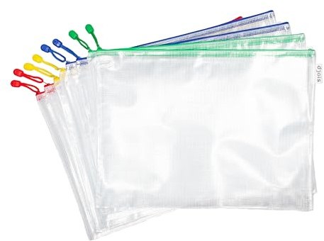 Djois, 509039 – Zip-Taschen A3, Verstärktes PVC, 8 Stück, Sortiert | Verstärktes PVC, Metallreißverschluss, Transparent, für Dokumente, Zubehör, Reise, Büro und Schule