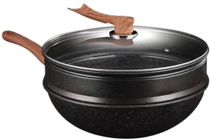 Generisch Wok Pan - 32 cm Deep Non-Stick Frying Woks with Lid - Kitchen Aid for Camping Steaming Baking Restaurant Pancakes