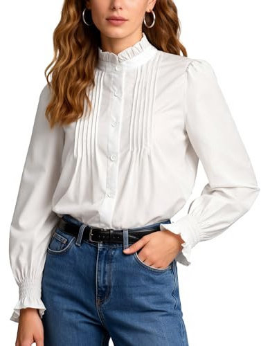 JJDreams Womens Ruffled Stand Collar Blouse Button Down Pleated Shirt Long Sleeve Business Casual Holiday Top White