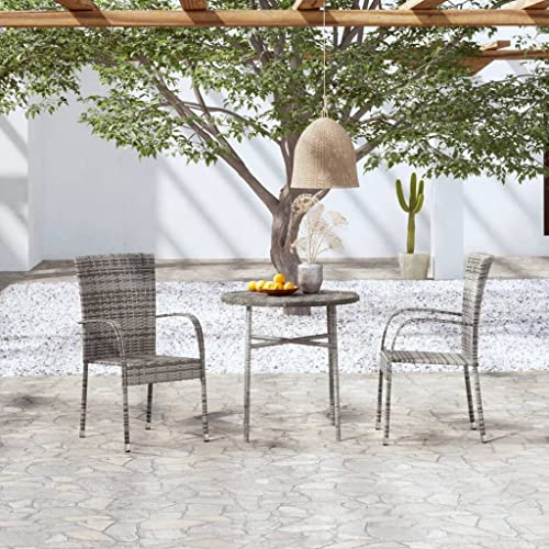 JHQHSM 3-TLG. Garten-Essgruppe Poly Rattan Grau, Outdoor Esstischgruppe mit Stapelstühlen und pulverbeschichtetem Stahlrahmen, wetterbeständige Terrassenmöbel für den Außenbereich,