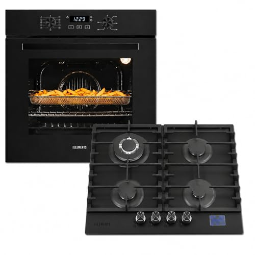 Gas Herdset | 60cm Einbaubackofen | Gaskochfeld 4 flammig | Gasokchfeld mit Timer | Kindersicherung | Grill | Air Fry Funktion | STEAM CLEAN