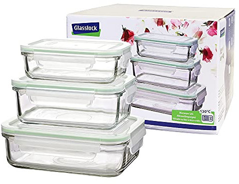 Glasslock (GL-640, 1 x 400ml, 1 x 715ml, 1 x 1000ml) Rechteckige Vorratsdosen aus temperiertem Glas - Mikrowellen Typ
