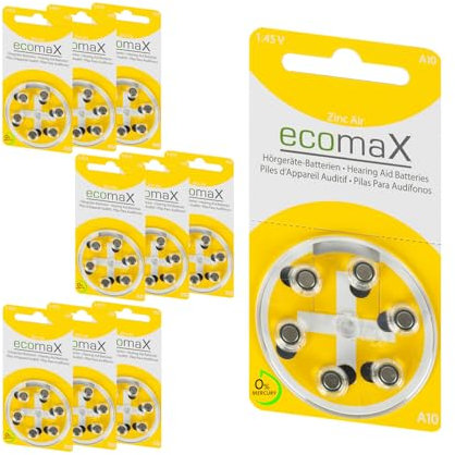 ecomaX HÖRGERÄTE Batterie Typ 10 PR70 GELB A10 BATTERIEN (60)