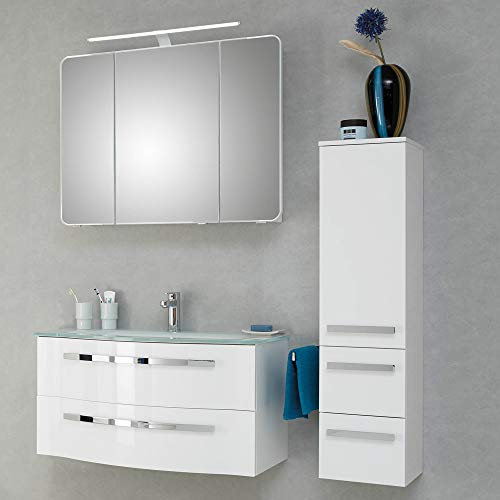 Lomadox Badezimmer Möbel Set in weiß Hochglanz, 90cm Waschtisch mit Glas-Waschbecken, LED-Spiegelschrank