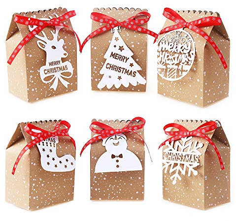VEYLIN 24 Pack Christmas Kraft Gift Boxes for Xmas Party Decoration with 24 White Tags and Ribbon Ties (Assorted 6 Styles)