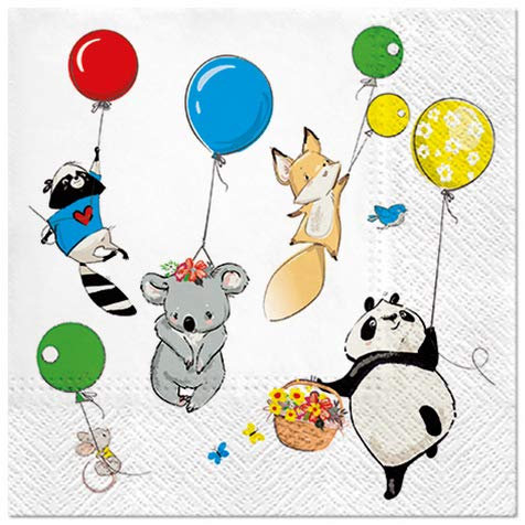 20 Servietten Lustige Tiere an Ballons als Tischdeko für den Kindergeburtstag 33x33cm