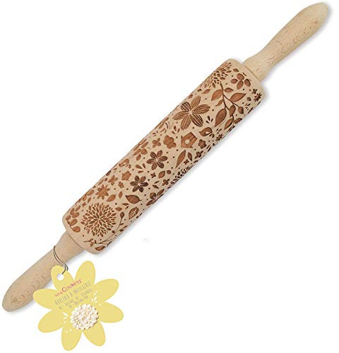 SCRAP COOKING - Rouleau à Pâtisserie en Bois  Nature  avec Motifs Naturels 39cm - Rouleau à Empreintes avec Décorations Gravées en Relief pour Biscuits - Accessoire Décoratif - 5237