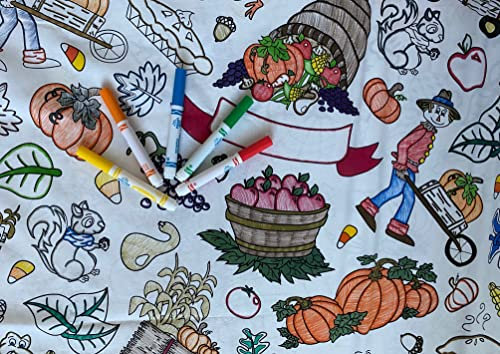 Quadratische Tischdecke mit Thanksgiving- und Herbstmotiv, 152,4 x 152,4 cm, interaktive Maltischdecke für Kinder, Polyester-Baumwollgewebe, waschbar und wiederverwendbar, DIY-Aktivität für Kinder und