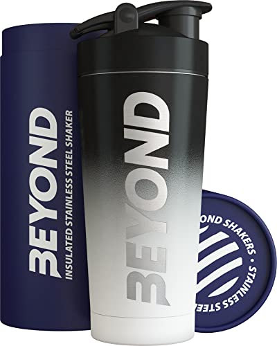 Beyond Shakers Insulated Metal Protein Shaker, Stainless Steel Supplement Bottle - BPA Free for Gym 735ml in Black & White
