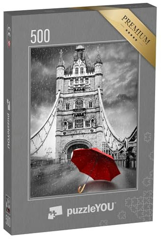 puzzleYOU: Puzzle 500 Teile „Roter Regenschirm auf der Tower Bridge in London, schwarz-weiß“ – aus der Puzzle-Kollektion Tower Bridge