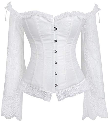 PANOZON Corset Brocado Corpiño Gótico y Clásico de Encaje para Mujer Fiesta de Halloween Novedades (Small, Blanco-16)
