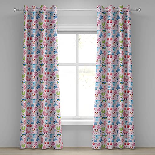 ABAKUHAUS Baby Ösenvorhang, Teddybär und Häschen, Dekorative 2-Panel-Fenstervorhänge für Schlafzimmer Wohnzimmer, 280 cm x 260 cm, Pale Pink Rose Blau