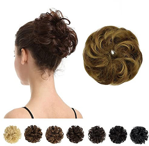 BARSDAR 100% Echthaar Haarteil Haargummi,Gelockt Unordentlich dutt extensions echthaar Haarteil Haargummi Hochsteckfrisuren unordentlicher Haarverlängerung für Damen Mädchen 4P27# Braune Mix Blond.