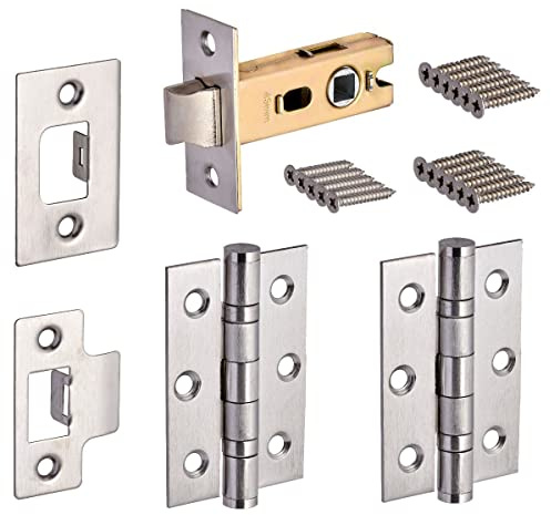 Hardware Solutions Tubular Latch 76mm and Ball-Bearing Hinges 76mm | Satin stainless steel; fixings included; stainless steel construction; for hollow door installation.