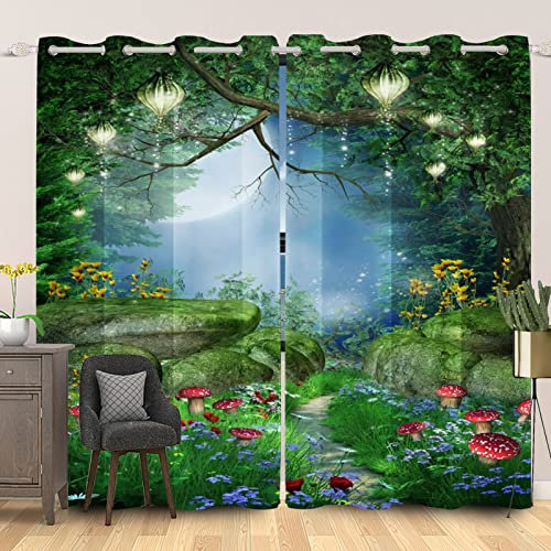 SDOTPMT 107x215cm Magie Wald Schiebevorhänge Märchen Pilz Laterne Grün Gras Schiebevorhänge Blume Urwald Natürlich Blickdichte Vorhänge für Wohnzimmer Verdunkelung Vorhänge, 2 Stücke