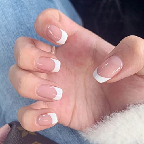 Handcess Square French False Nails Short Pink Press on Nails Glossy Acrylic Fake Nails Stick on Nails 24Pcs for Women and Girls