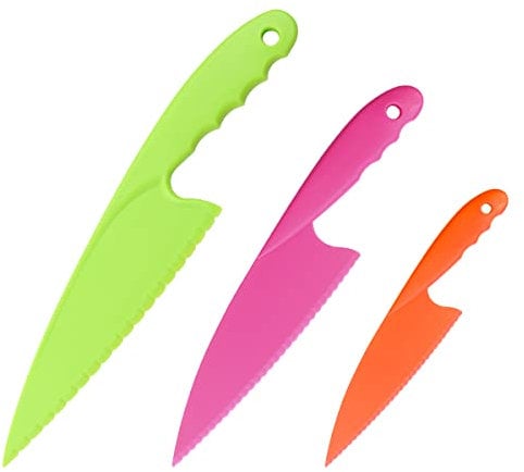 Jagowa 3PCS Plastic Kitchen Knife Safe for Kids Colorful Children's Safe Cooking Knife for Chopping Salad Bread Cake