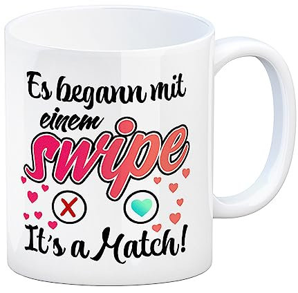 Es begann mit einem swipe Kaffeebecher mit Spruch It's a Match eine romatische Tasse für Paare die sich auf einer Dating-App kennengelernt haben für den Schatz Date zum