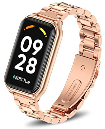 ToVioc Correa Compatible con Xiaomi Smart Band 8 Active/Xiaomi Redmi Smart Band 2, Caballero Elegante, Correa de Reloj de Metal de Acero Inoxidable - Oro Rosa