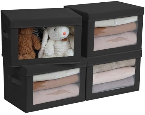 DIMJ 4 Pack Foldable Storage Boxes with Lids, Collapsible Storage Bins with Transparent Window, Fabric Storage Basket with Handle, Wardrobe Storage Organiser for Clothes, Toys, Books, Closet