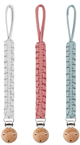 IOSPKKIO® Lot de 3 attache-tétines en coton avec clip en bois, tissés à la main, design moderne, en 3 couleurs, accessoires sûrs et élégants pour bébé