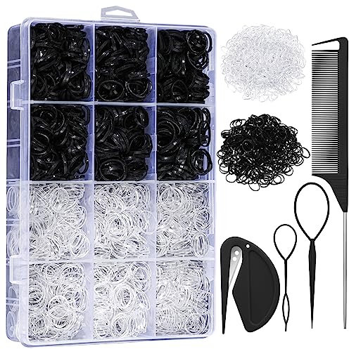 2200 PCS Elastic Hair Bands with Hair Loop Styling Tool Set, Clear Mini Hair Bands and Black Elastic Hair Ties with Rubber Band Cutter Organizer Box for Toddler Baby Girl Hair