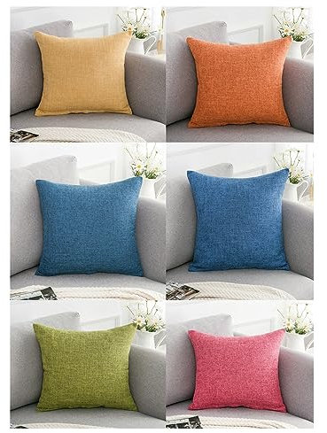 6er Housse d Oreiller 50x50cm Bleu Jaune Rose, Taie Oreiller Lin Carré pour Taies d'oreiller de Canapé Salon