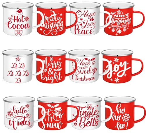 12 tazas de café esmaltadas de Navidad con citas de 12 onzas, tazas de Navidad de temporada, tazas blancas y rojas, tazas de café divertidas para mujeres, compañeros de trabajo, niños