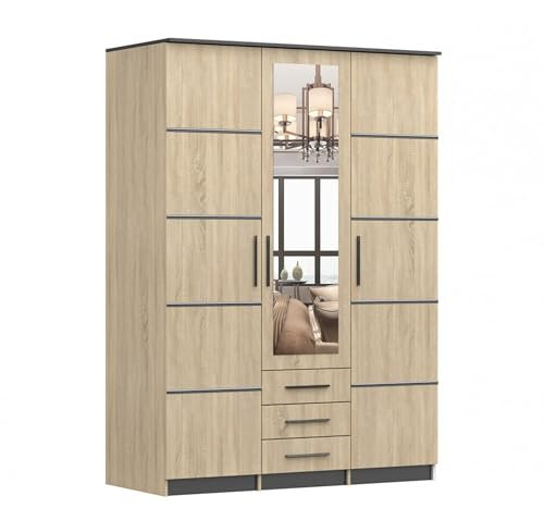 Kleiderschrank mit 3 Schubladen Drehtürenschrank Falttürenschrank mit Spiegel 3-türig Schrank mit Einlegeböden und Kleiderstange Gaderobe 152x61x208 - ANTIS I 3D (Sonoma, 150)