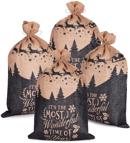 BRUBAKER Weihnachtssack Most Wonderful Time of the Year - 80 cm Geschenksack Weihnachten - Nikolaussack - 4 Säcke mit Kordel zum Verpacken - Weihnachtsmann mit Schlitten - Schwarz Braun