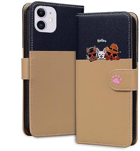 Tiyoo Lovely & Cute Flip Wallet Phone Case for iphone 11 with Cartoon Cat&Dog Pattern,Premium Magnetic PU+TPU Leather for high protection phone cover for iphone11(Khaki)
