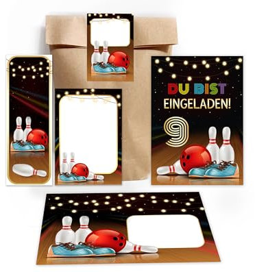 12 Einladungskarten zum 9. Kindergeburtstag Kegeln Bowling Mädchen Jungen Einladungen neunte Geburtstag incl. 12 Umschläge, 12 Partytüten/natur, 12 Aufkleber, 12 Lesezeichen, 12 Mini-Notizblöcke