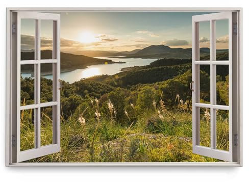 Paul Sinus Wandbild 120x80cm Fensterbild Natur Landschaft Fluss Berge Sonnenuntergang Grün
