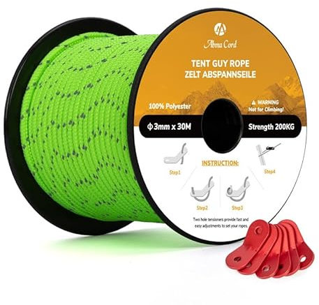 Abma Cord Abspannseile Zeltschnur mit 6 Stück Seilspanner 3mm 30M Zeltseil für Camping, Zelte, Sonnensegel, Vorzelt - Reflektierende Neon Grün