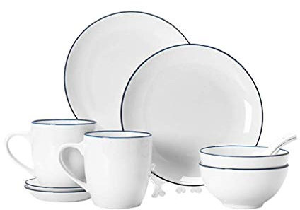 Vajilla 10 Piezas Porcelana Blanca Y Borde Azul Oscuro 2 Cuencos 2 Platos 2 Tazas Y 2 Platillos Servicio Para 2 Personas