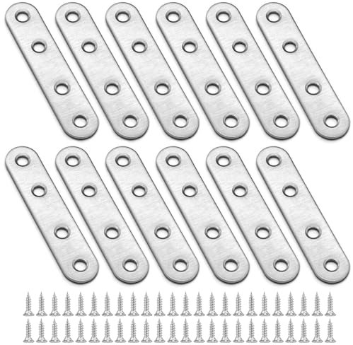 Flat Brackets for Wood, 12Pcs Stainless Steel Straight Braces Bracket Metal Mending Joining Plates with Screws for Furniture Connector Fixing