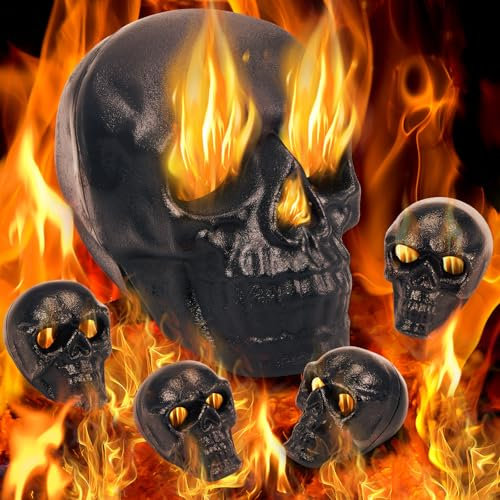 Seenelling 5 Stück Metall-Feuerstellenschädel, feuerfeste Kamin-Imitate für drinnen und draußen, 1 groß in 22,9 cm und 4 klein in 5,8 cm, Halloween-Köpfe für Kamindekoration (schwarz)