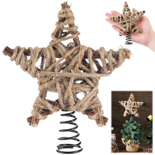 Gejoy Rustikale Mini-Weihnachtsbaumspitze im Retro-Stil, gewebter Stern, 15,2 cm, Miniatur-Stern-Baumspitze für Weihnachtsbaum, Bauernhaus, Heimdekoration, Winterurlaub