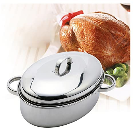 CHFYIJYHM Stainless Steel Oval Lidded Roaster Pan Extra Large Steamer Fish Pot Turkey Roaster Oven Cookware High Dome for Meat Joints Chicken Vegetables, Compatible Gas Induction Stove(Regular)