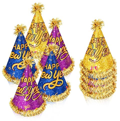 DPKOW Glitzer Silvester Deko 2026 Silvester Partyhüte Accessories Silvester Partyzubehör 2026, 6 Stück Happy New Year Hüte Neujahrs Kegelhüte Silvester Foto Requisiten Mehrfarbiger Neujahrs Papierhut