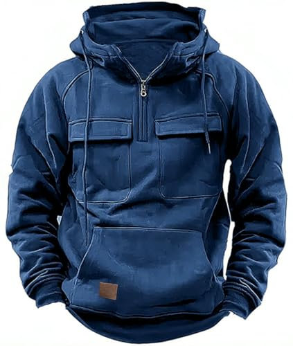 PADOLA Pull Homme 1/4 Zip Veste Polaire Cargo Sweat Manches Longues Multi-Poches Sweat à Capuche Vintage Rétro Pulls Automne Hiver Hoodie Pull de Travail Tricot Veste mi Saision (4 Bleu Foncé, S)