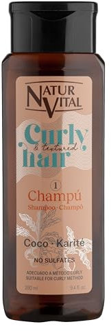 NaturVital Champú Curly para cabello Rizado, Ondulado o Texturizado, con Coco y Karité sin sulfatos ni parabenos- 280ml