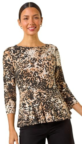 Roman Originals Textured Peplum Stretch Top for Women UK - Ladies Everyday Autumn Winter Round Neckline Comfy Soft Evening Vacation Work Party Night Out - Natural - Size 12