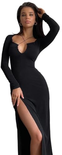 Gkaopi Women Long Sleeve Maxi Dress Sexy Hollow Out Low-Cut Bodycon Split Dress Wrap Cocktail Dress Slit Long Evening Dress Ladies Clubbing Dress for Party Ball (M) Black