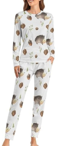 JZemdybill Damen Schlafanzug mit Rundhalsausschnitt, Igel-Pyjama für Damen, Damen-Pyjama mit Taschen, Igel, M