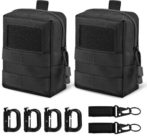 2 Pack Taktische Hüfttaschen, Molle Tasche Klein Militär Kompakt Gürteltasche, EDC Utility Bauchtasche Mit 4 Karabiner+2 Schlüsselanhänger, Taktische Pouch für Outdoor Camping Training
