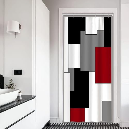 Xiaoterna Tenda da doccia geometrica Tenda da bagno rossa e nera Arte astratta moderna Strisce quadrate colorate Tende da doccia lavabili in tessuto idrorepellente per il bagno 90x180cm