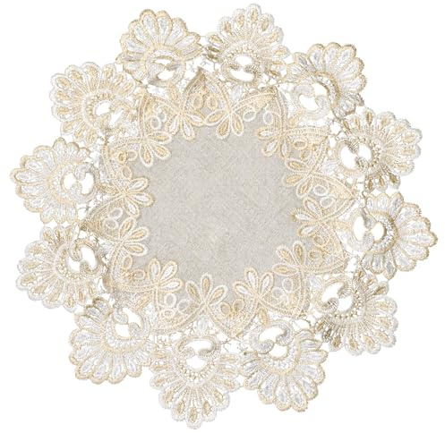 URROMA Gelb Leinen Spitzendeckchen,40*40cm Vintage Leinenspitze Tischdecke | Runde Abwaschbar Outdoor Wetterfest Stoff tischdecke weiss polyester für Möbel,Esszimmer,Küche,Hochzeit,Couchtisch