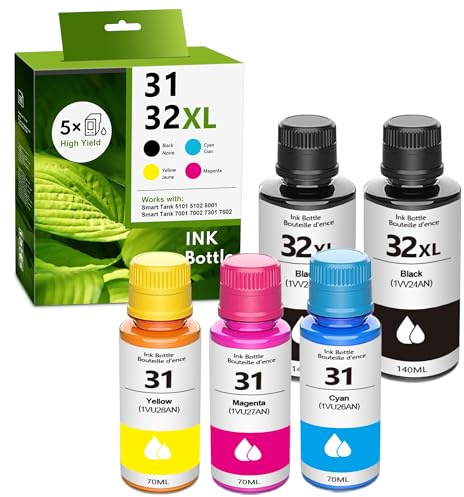31 Ink Bottles Set, 32XL Ink Bottles Set Compatible Refill Ink Bottle Replacement for HP 31 32XL for Smart Tank 5101 5102 6001 7001 7002 7301 7602 Plus 651 551 Ink Tank (2BK C M Y)